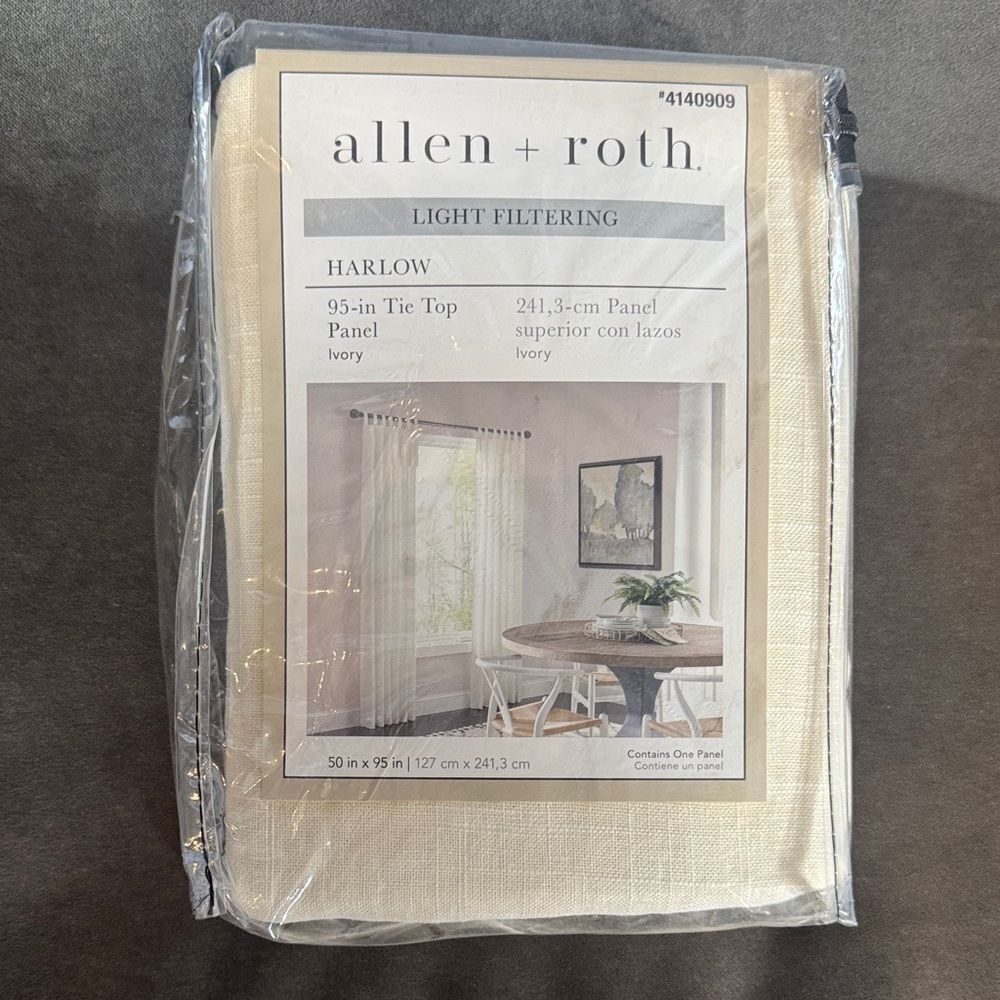 Allen + Roth Harlow Ivory Light Filtering Tie Top ONE Curtain Panel 50x95” NEW